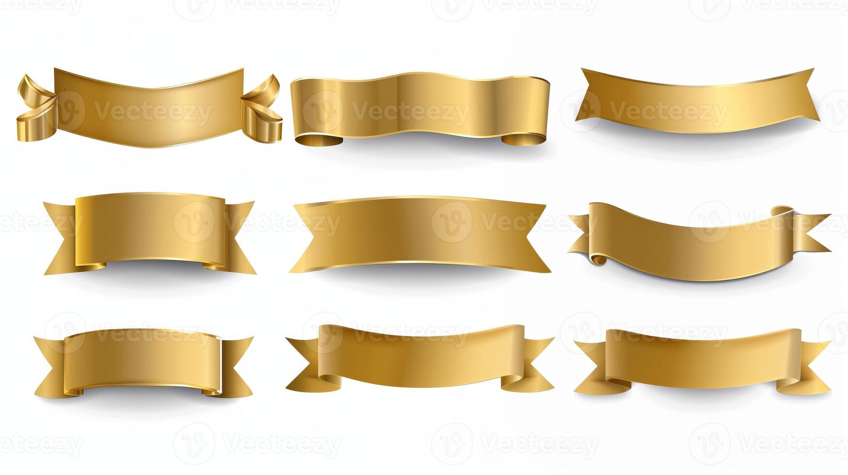 AI generated Set of gold banner label ribbons with white background. Generated by artificial intelligence. photo