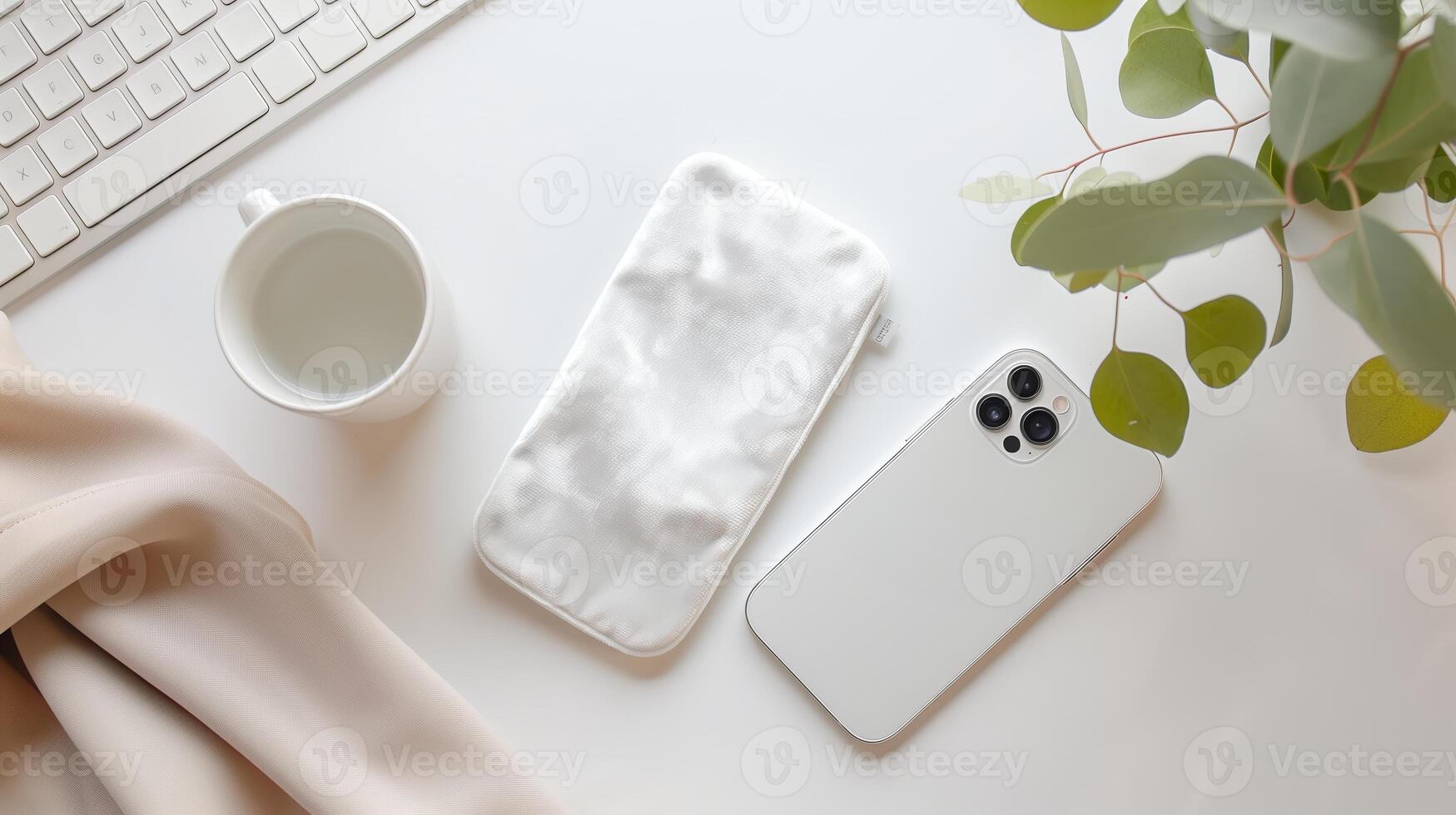 AI generated Top view of a white velvet pouch lies on a white desk, with an iPhone next to it. Generated by artificial intelligence. photo