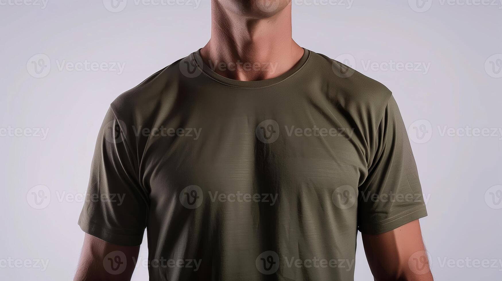 AI generated A mockup of the front view t-shirt, wearing by an athletic man in military green color. Man standing against white blank background. Generated by artificial intelligence. photo