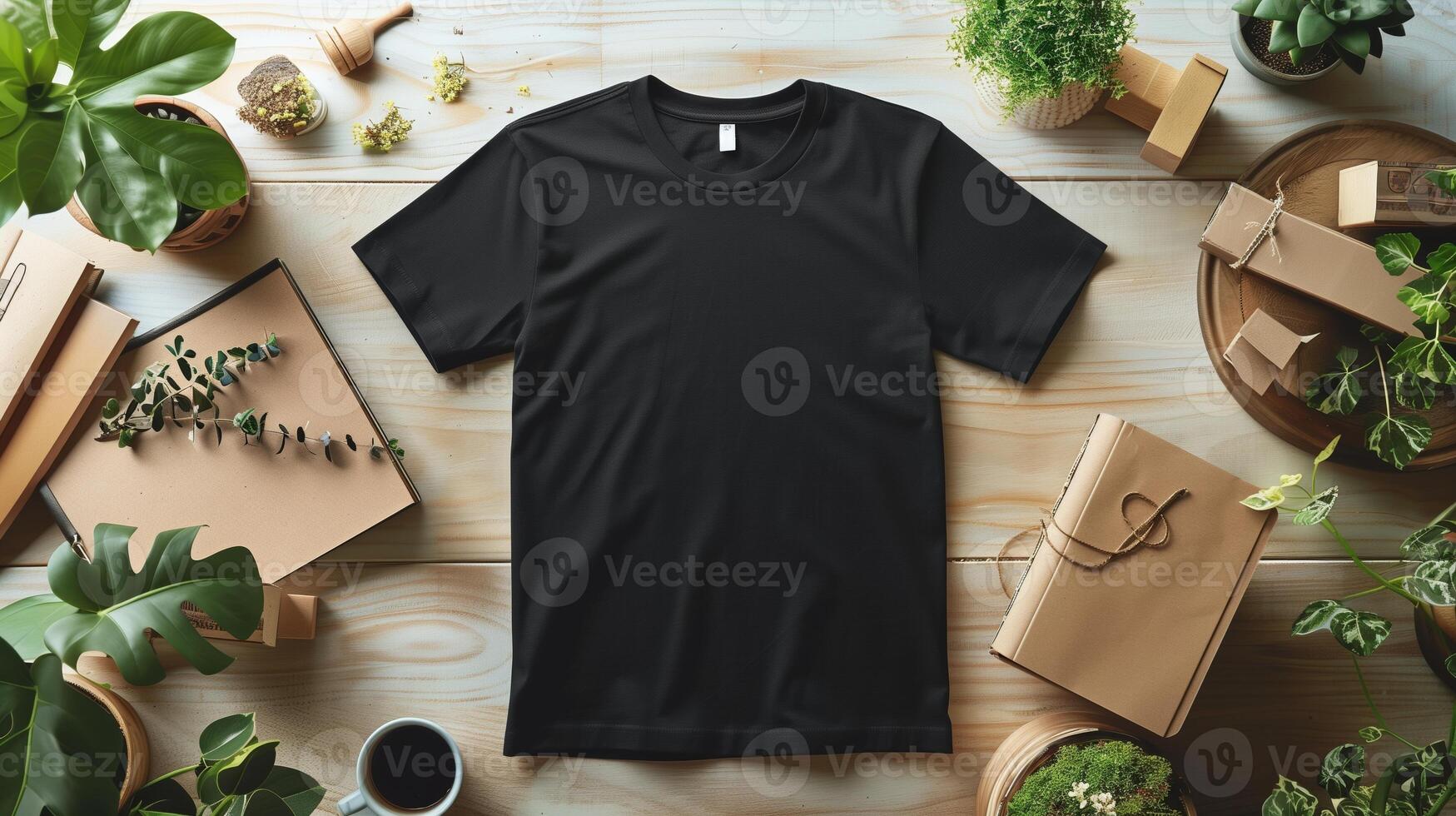 AI generated A mockup of the front view black t-shirt surrounded by props. Generated by artificial intelligence. photo