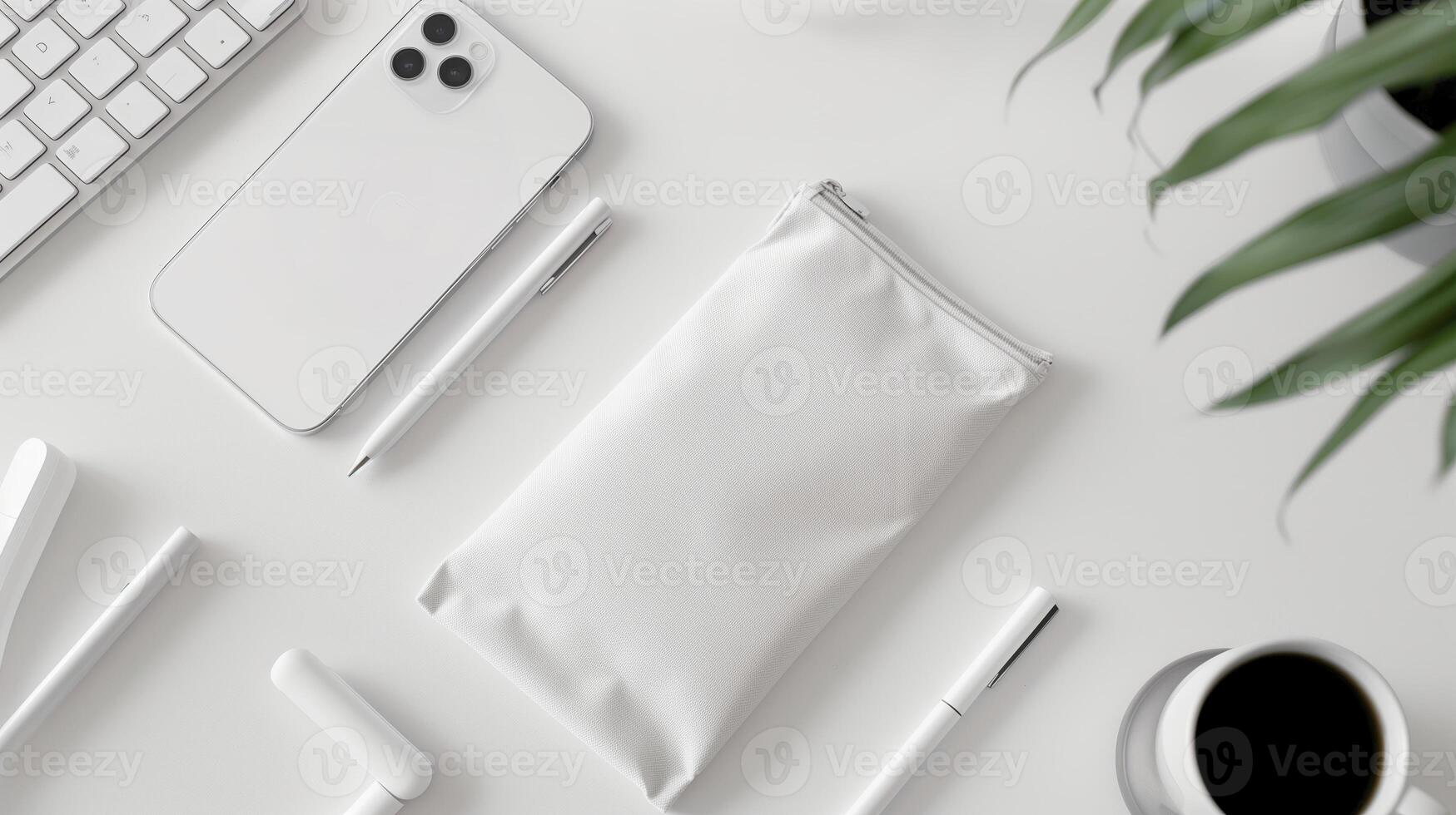 AI generated Top view of a white velvet pouch lies on a white desk, with an iPhone next to it. Generated by artificial intelligence. photo