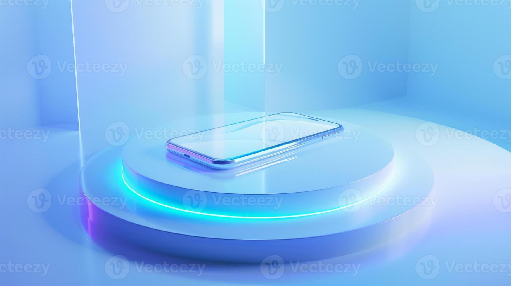 AI generated Isometric composition of smartphone on a round platform with a light blue gradient in the middle. Blue and white background, minimalistic style, a glass texture. photo