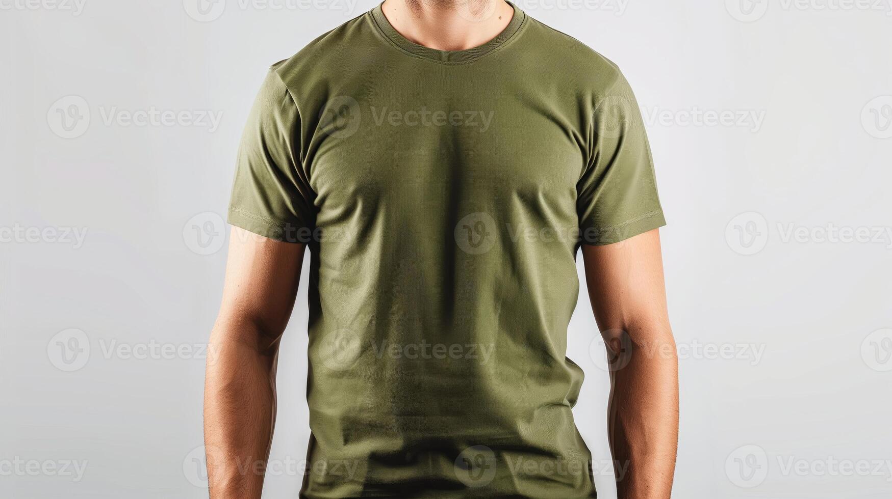 AI generated A mockup of the front view t-shirt, wearing by an athletic man in military green color. Man standing against white blank background. Generated by artificial intelligence. photo