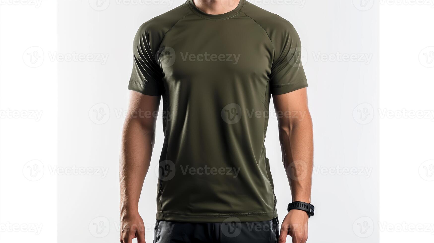 AI generated A mockup of the front view t-shirt, wearing by an athletic man in military green color. Man standing against white blank background. Generated by artificial intelligence. photo