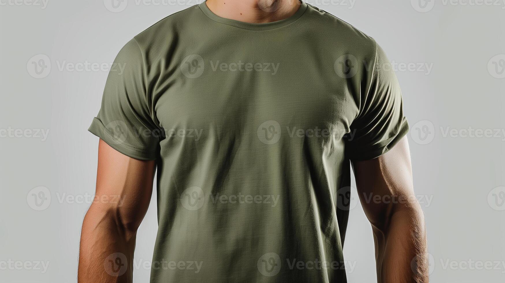 AI generated A mockup of the front view t-shirt, wearing by an athletic man in military green color. Man standing against white blank background. Generated by artificial intelligence. photo