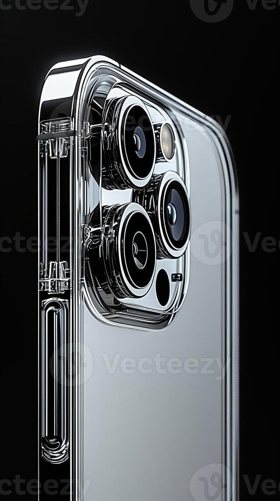 AI generated A portrait shot of the IPhone 15 showcasing its titanium frame, side view, spotlight, black background. Generated by artificial intelligence. photo