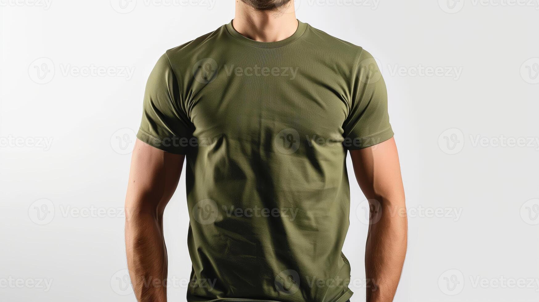 AI generated A mockup of the front view t-shirt, wearing by an athletic man in military green color. Man standing against white blank background. Generated by artificial intelligence. photo