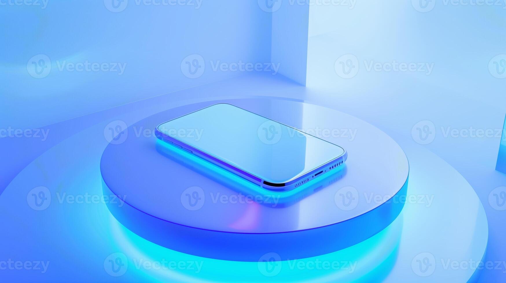 AI generated Isometric composition of smartphone on a round platform with a light blue gradient in the middle. Blue and white background, minimalistic style, a glass texture. photo