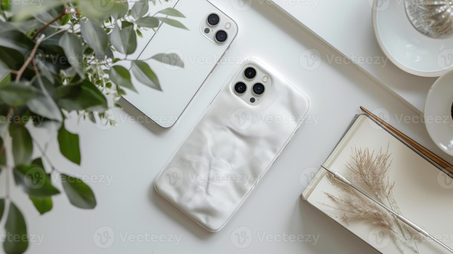 AI generated Top view of a white velvet phone case on a white desk. Generated by artificial intelligence. photo