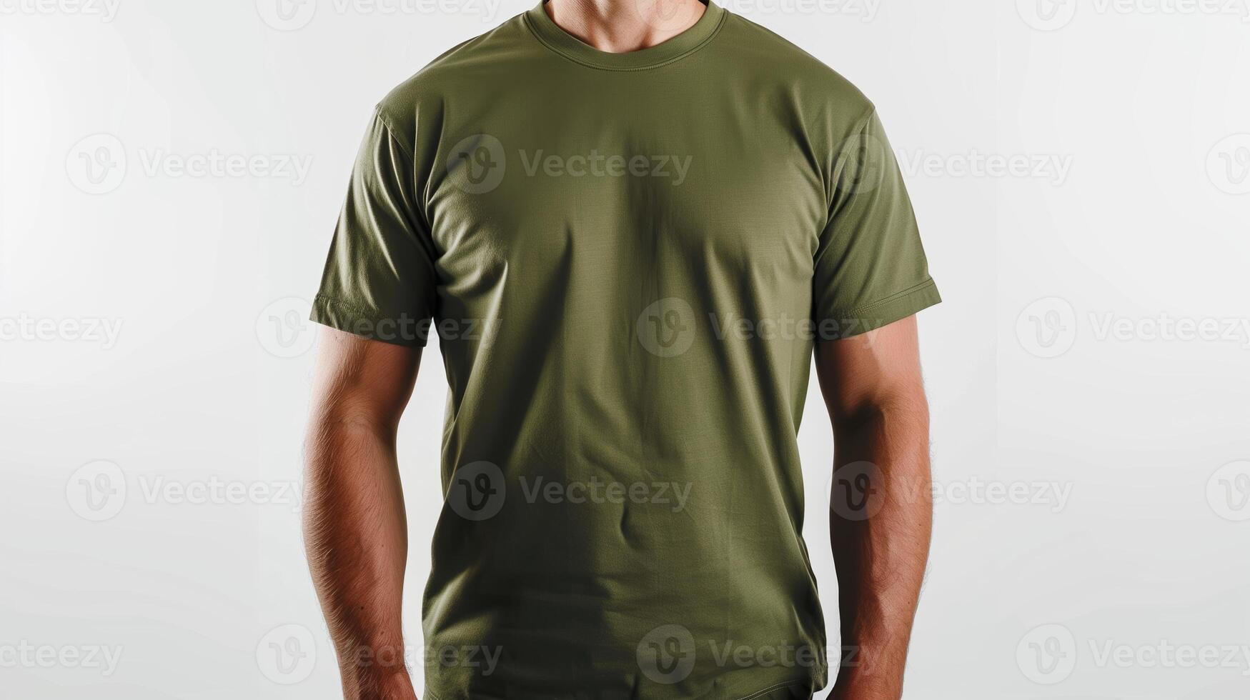 AI generated A mockup of the front view t-shirt, wearing by an athletic man in military green color. Man standing against white blank background. Generated by artificial intelligence. photo