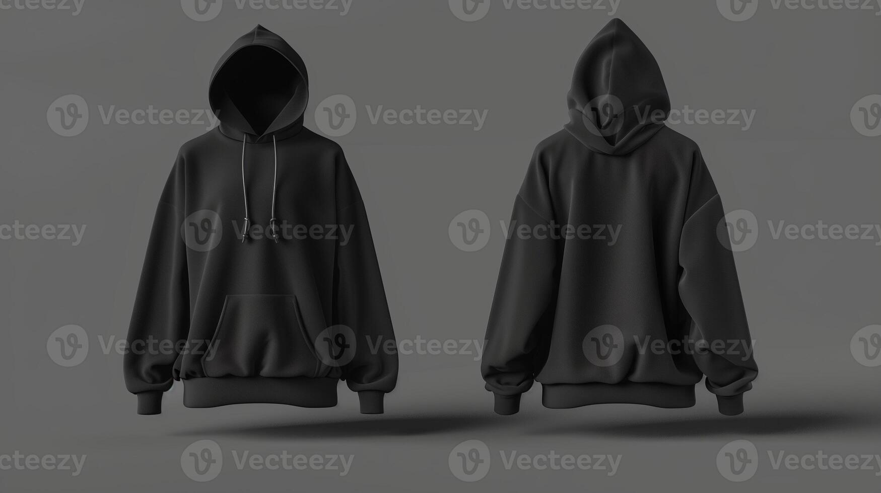 AI generated Fashion design, black hoodie, cotton fabric, back and front view display, minimalism. Generated by artificial intelligence. photo