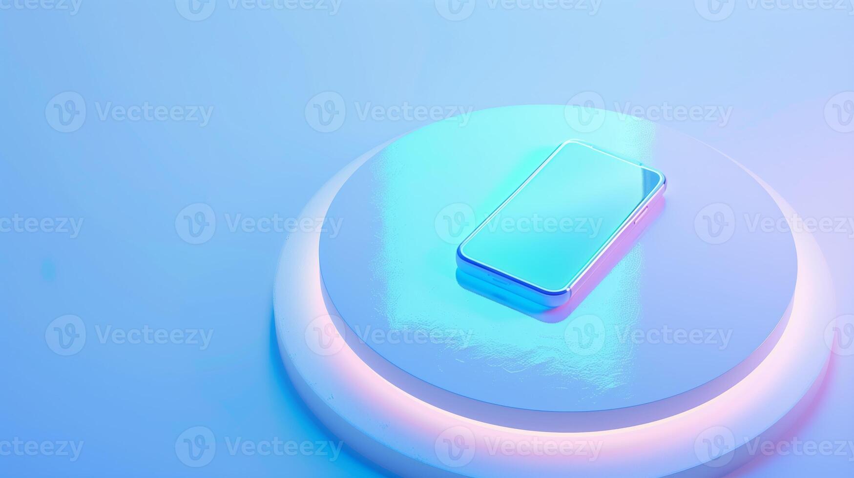 AI generated Isometric composition of smartphone on a round platform with a light blue gradient in the middle. Blue and white background, minimalistic style, a glass texture. photo