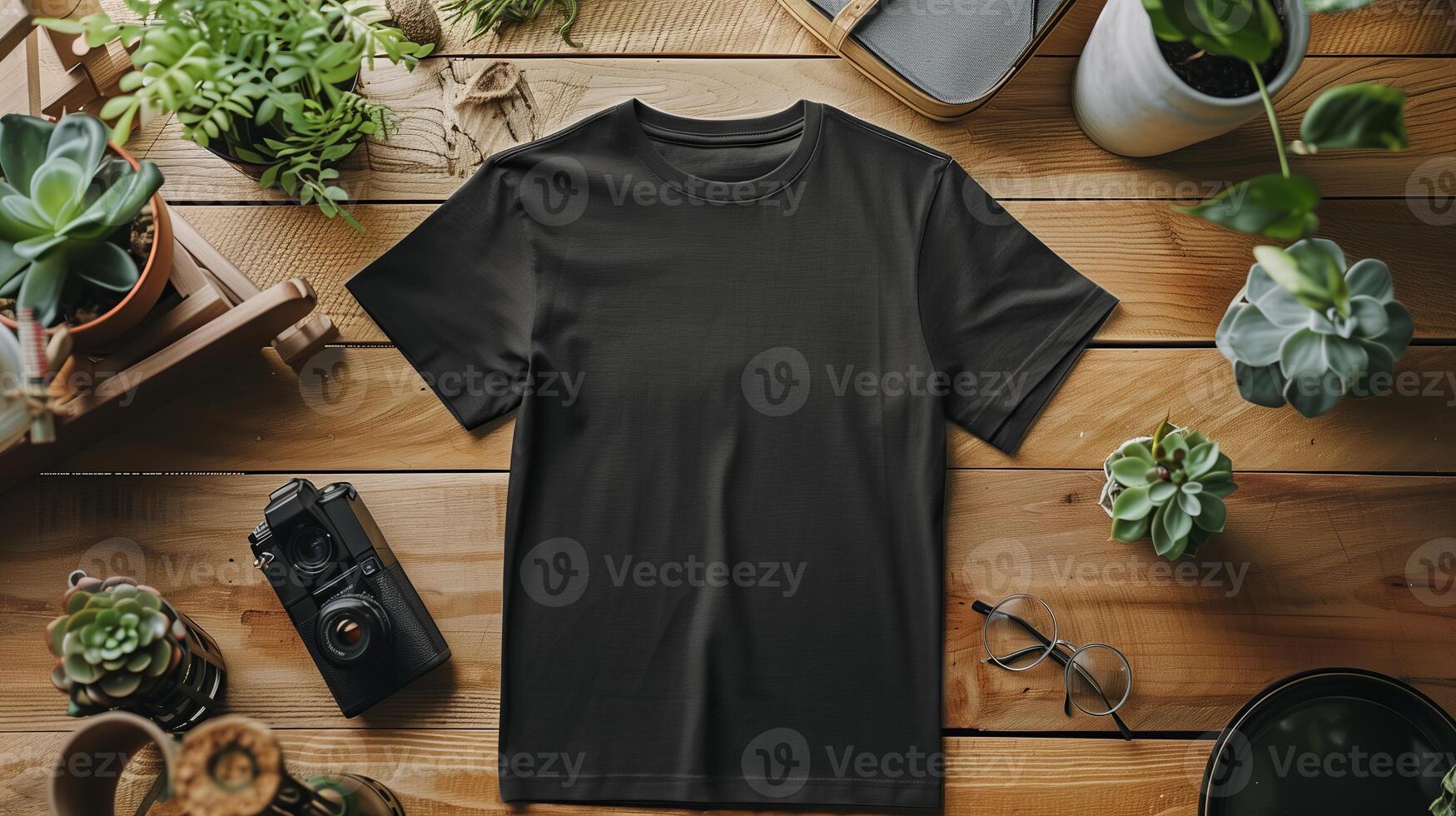 AI generated A mockup of the front view black t-shirt surrounded by props. Generated by artificial intelligence. photo