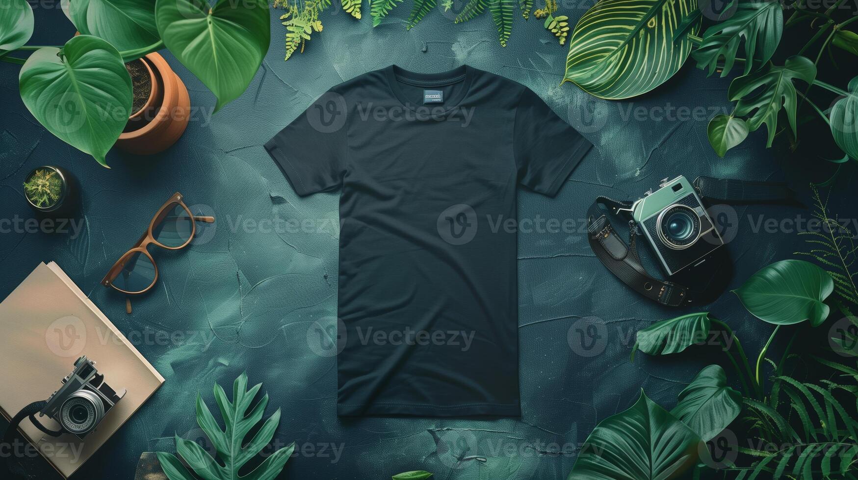 AI generated A mockup of the front view black t-shirt surrounded by props. Generated by artificial intelligence. photo