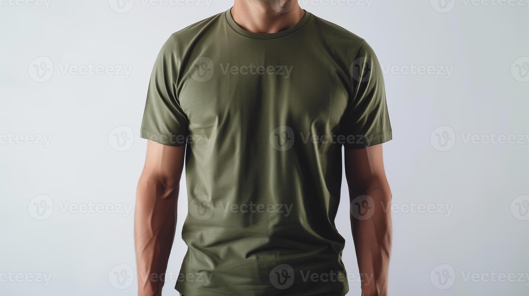 AI generated A mockup of the front view t-shirt, wearing by an athletic man in military green color. Man standing against white blank background. Generated by artificial intelligence. photo