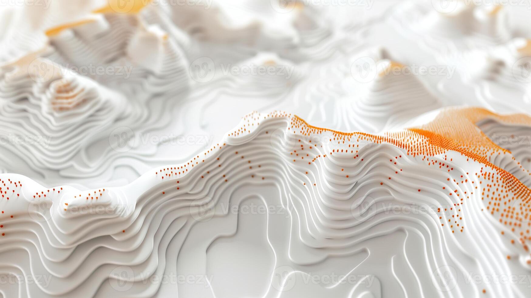 AI generated An abstract background with white and orange topographic waves, with orange  dots on the surface. Topographic model, map, geometric shapes. Generated by artificial intelligence. photo