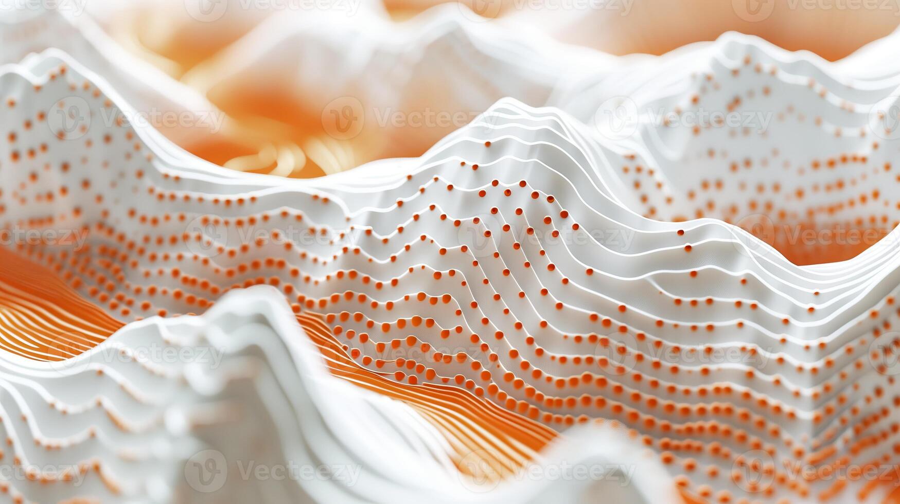 AI generated An abstract background with white and orange topographic waves, with orange  dots on the surface. Topographic model, map, geometric shapes. Generated by artificial intelligence. photo
