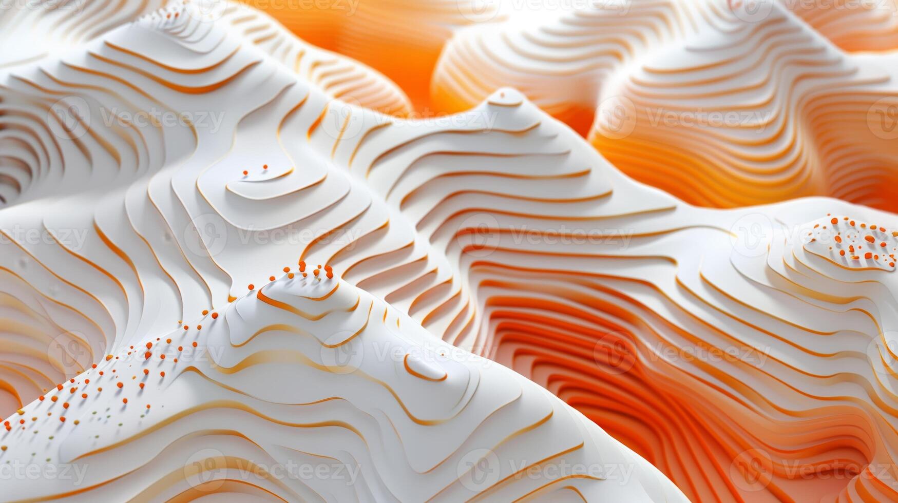 AI generated An abstract background with white and orange topographic waves, with orange  dots on the surface. Topographic model, map, geometric shapes. Generated by artificial intelligence. photo