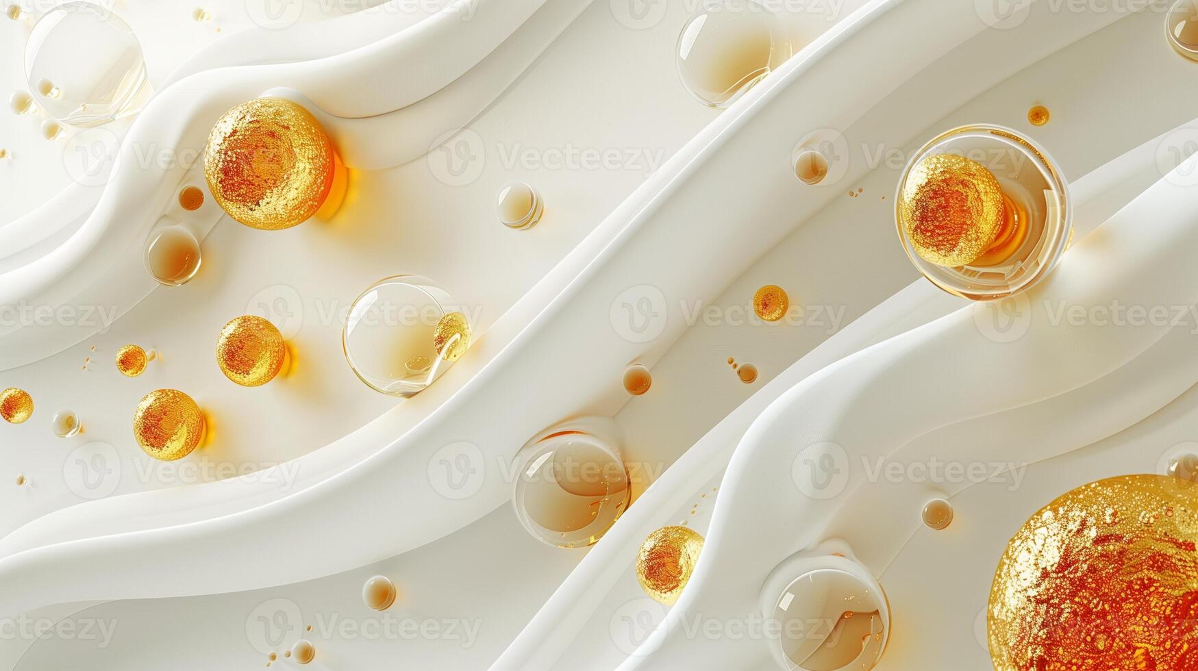 AI generated 3D abstract background with white and orange elements. White glossy waves with orange glass spheres. Generated by artificial intelligence. photo