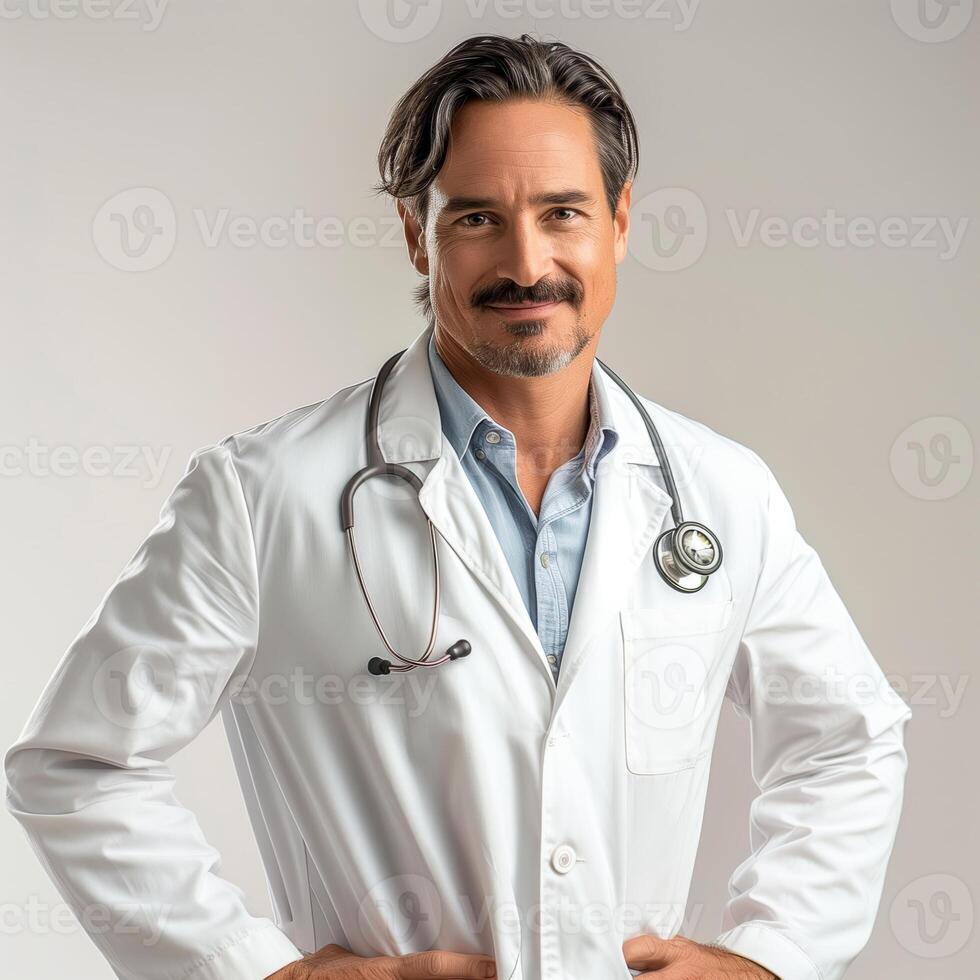AI generated A male doctor, around 40 years old, in a white coat and stethoscope. From the front, a slight smile, hands on hips, a white background. Generated by artificial intelligence. photo
