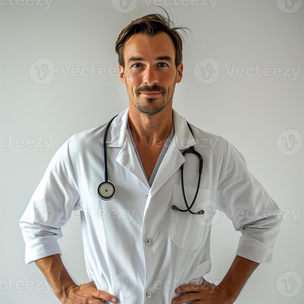 AI generated A male doctor, around 40 years old, in a white coat and stethoscope. From the front, a slight smile, hands on hips, a white background. Generated by artificial intelligence. photo