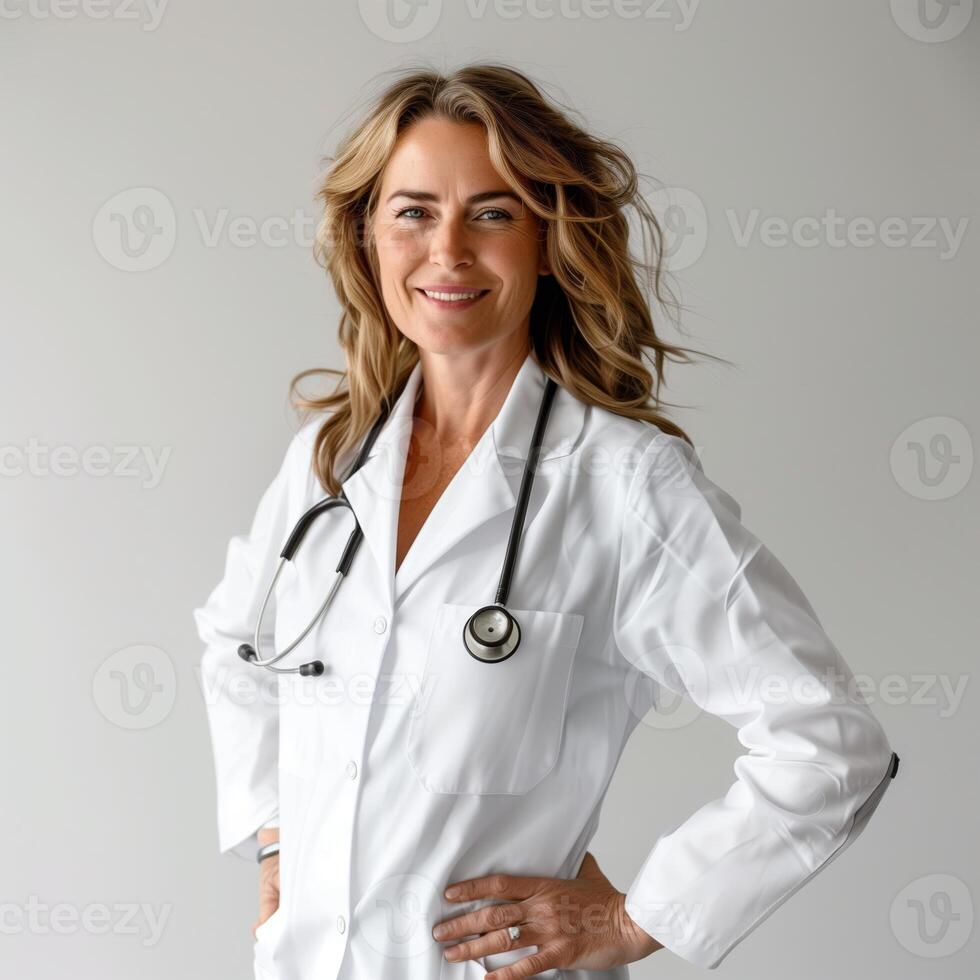 AI generated A female doctor, around 40 years old, in a white coat and stethoscope. From the front, a slight smile, hands on hips, a white background. Generated by artificial intelligence. photo