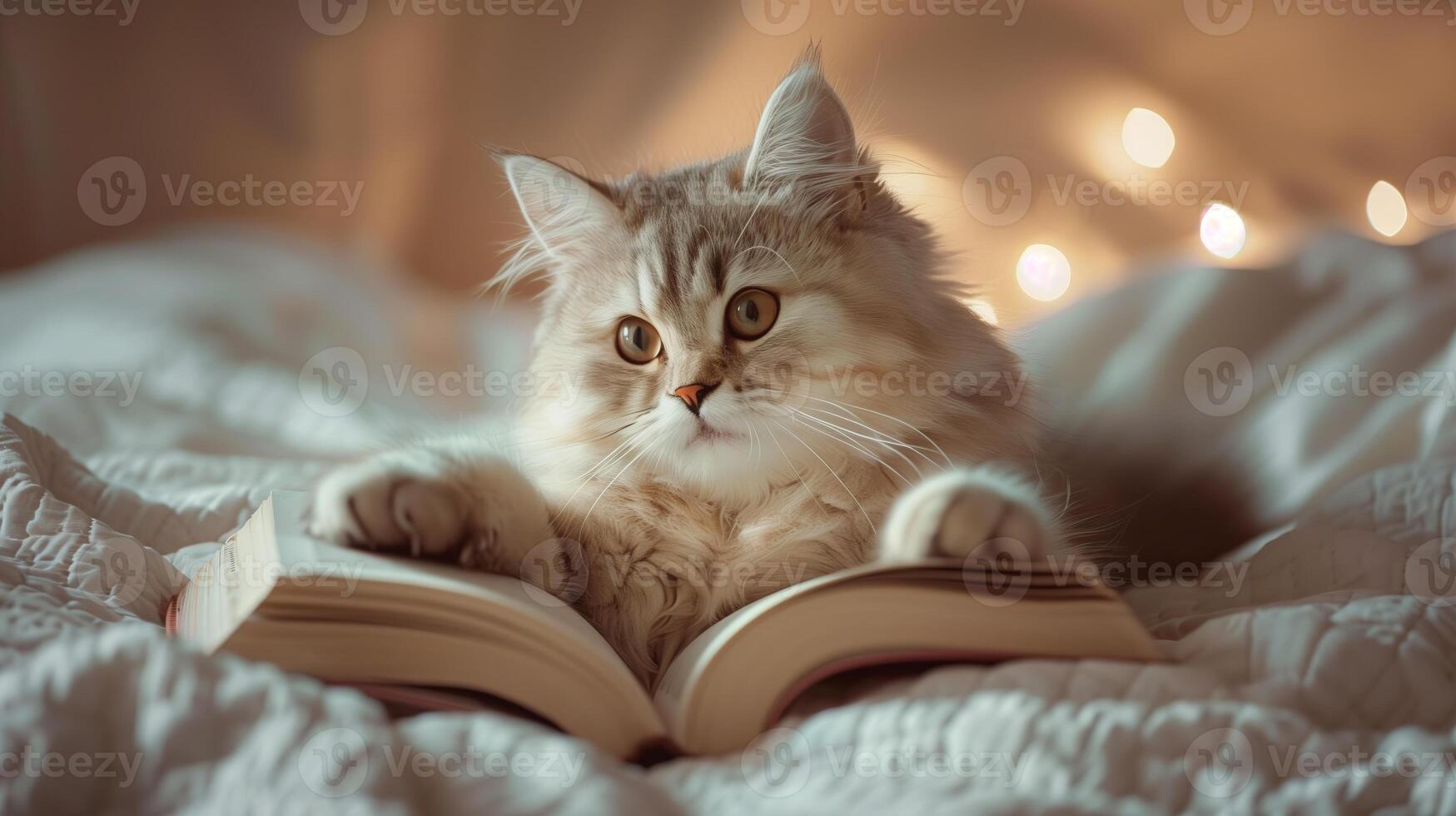 AI generated A cute cat lying on the bed, with a book under its paws. The little kitten with white long fur. Generated by artificial intelligence. photo