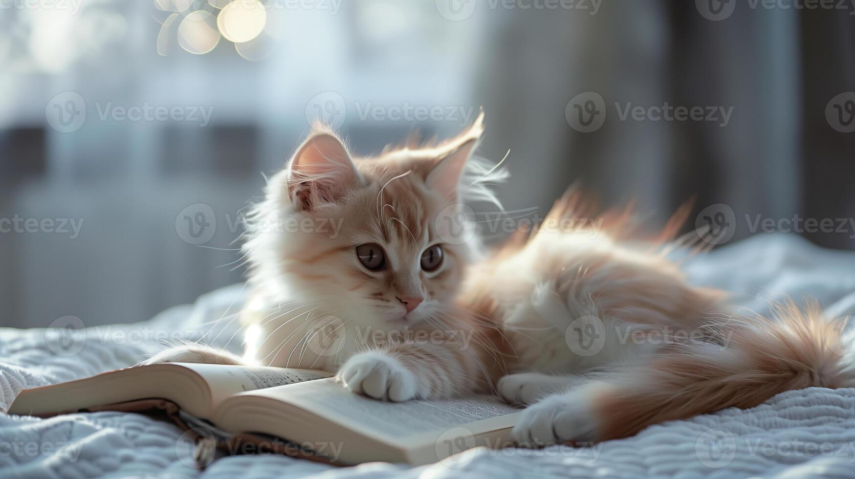 AI generated A cute cat lying on the bed, with a book under its paws. The little kitten with white long fur. Generated by artificial intelligence. photo