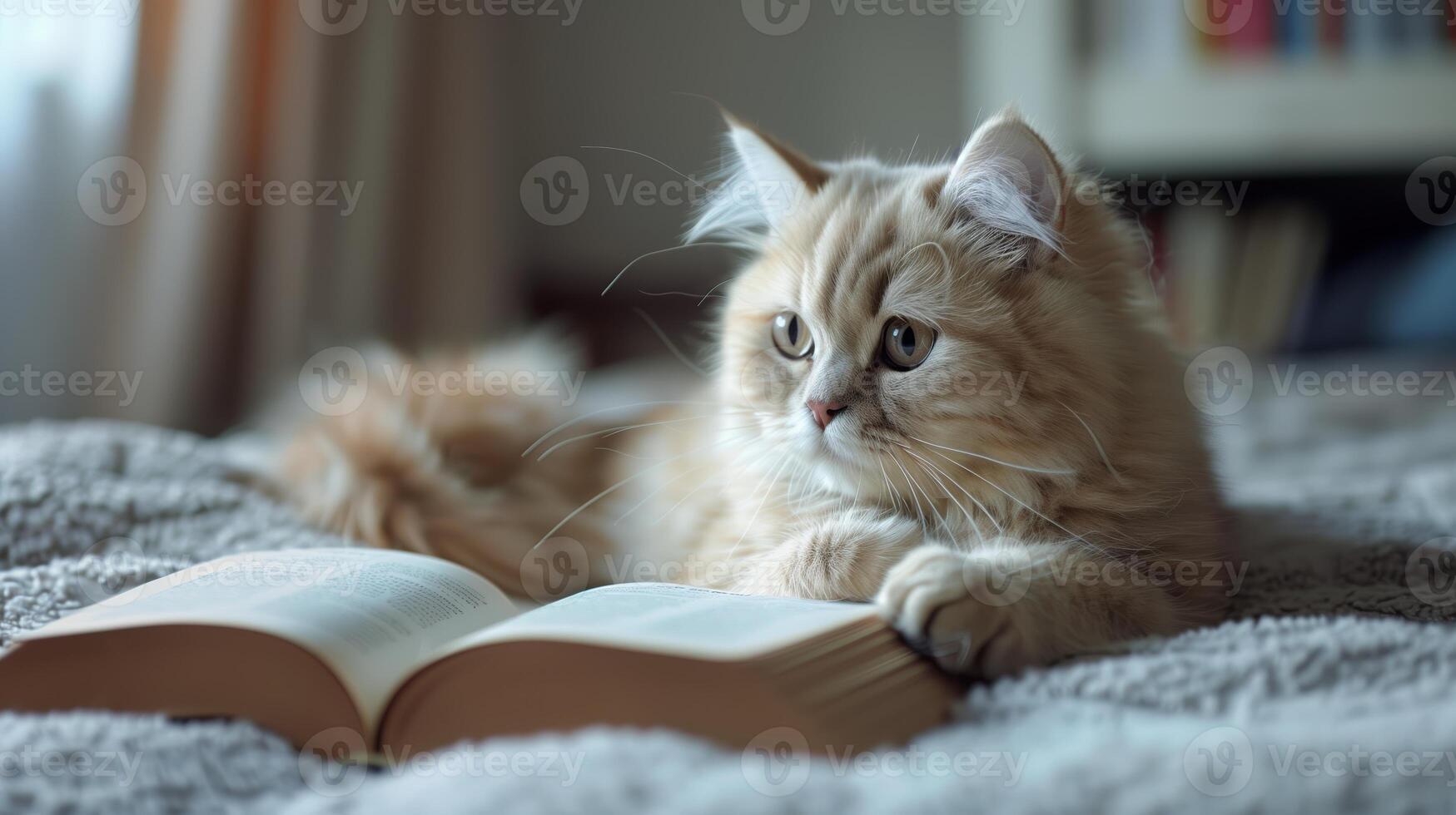 AI generated A cute cat lying on the bed, with a book under its paws. The little kitten with white long fur. Generated by artificial intelligence. photo