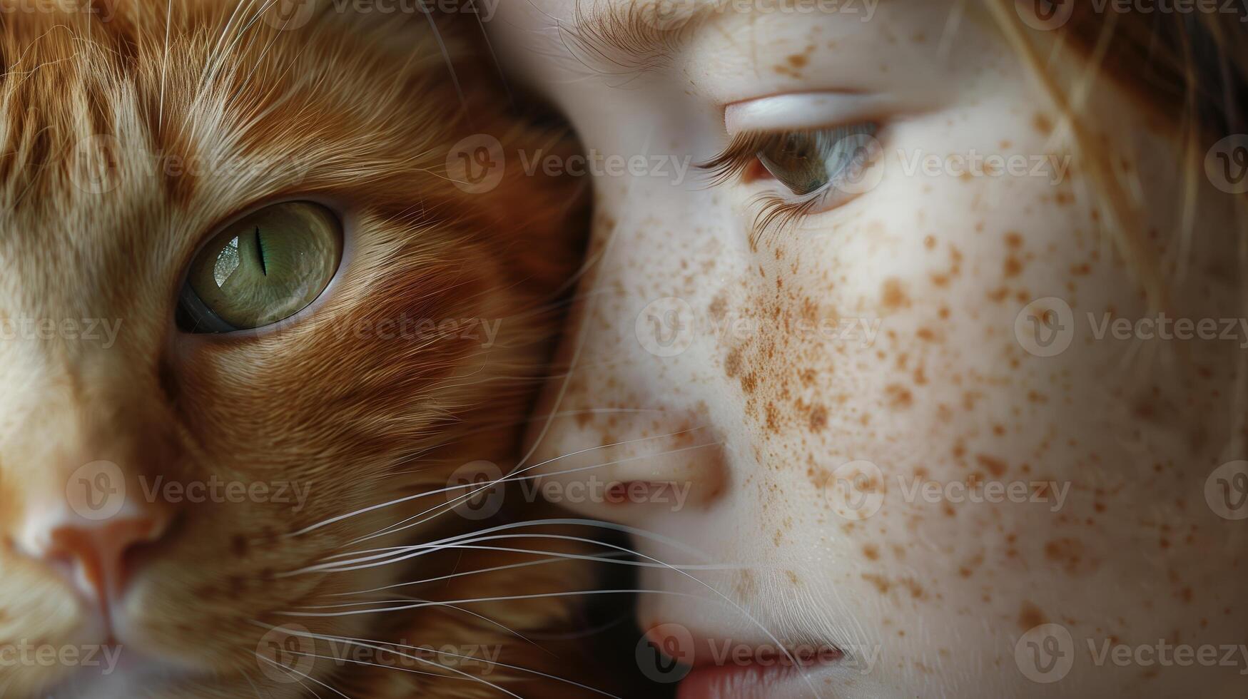 AI generated A closeup portrait of an orange cat with white spots, next to a young freckled girl. Generated by artificial intelligence. photo