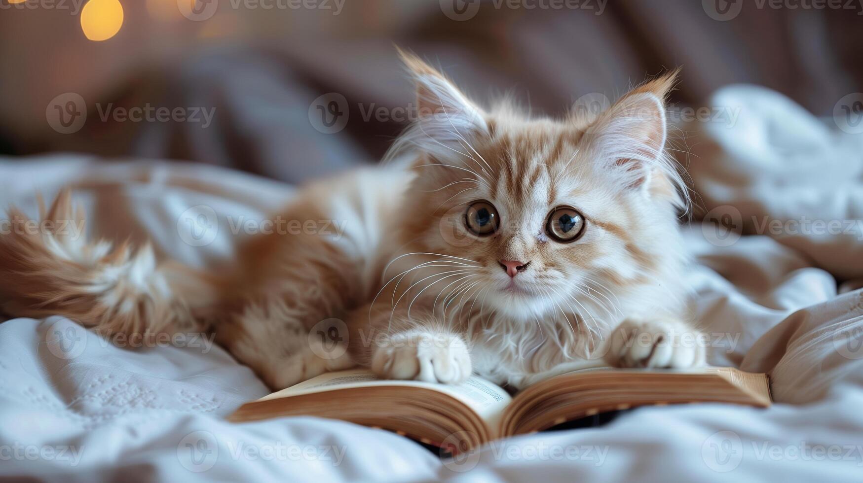 AI generated A cute cat lying on the bed, with a book under its paws. The little kitten with white long fur. Generated by artificial intelligence. photo