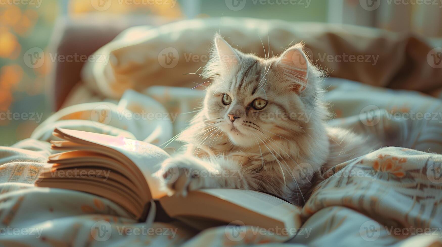 AI generated A cute cat lying on the bed, with a book under its paws. The little kitten with white long fur. Generated by artificial intelligence. photo