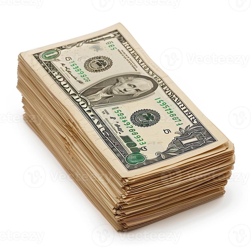 AI generated A photograph of money bill stack, isolated on a white background. Finance, cash, money. Generated by artificial intelligence. photo