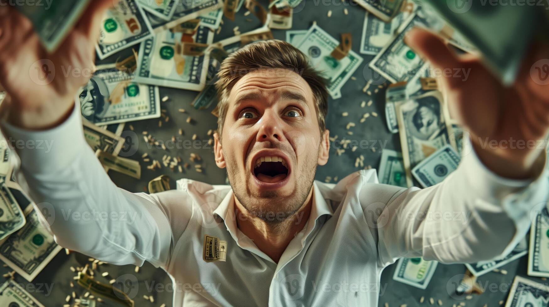 AI generated A man surrounded by dollar bills. Emotions on his face. Generated by artificial intelligence. photo