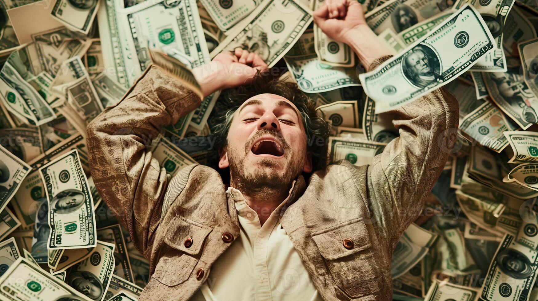 AI generated A man surrounded by dollar bills. Emotions on his face. Generated by artificial intelligence. photo