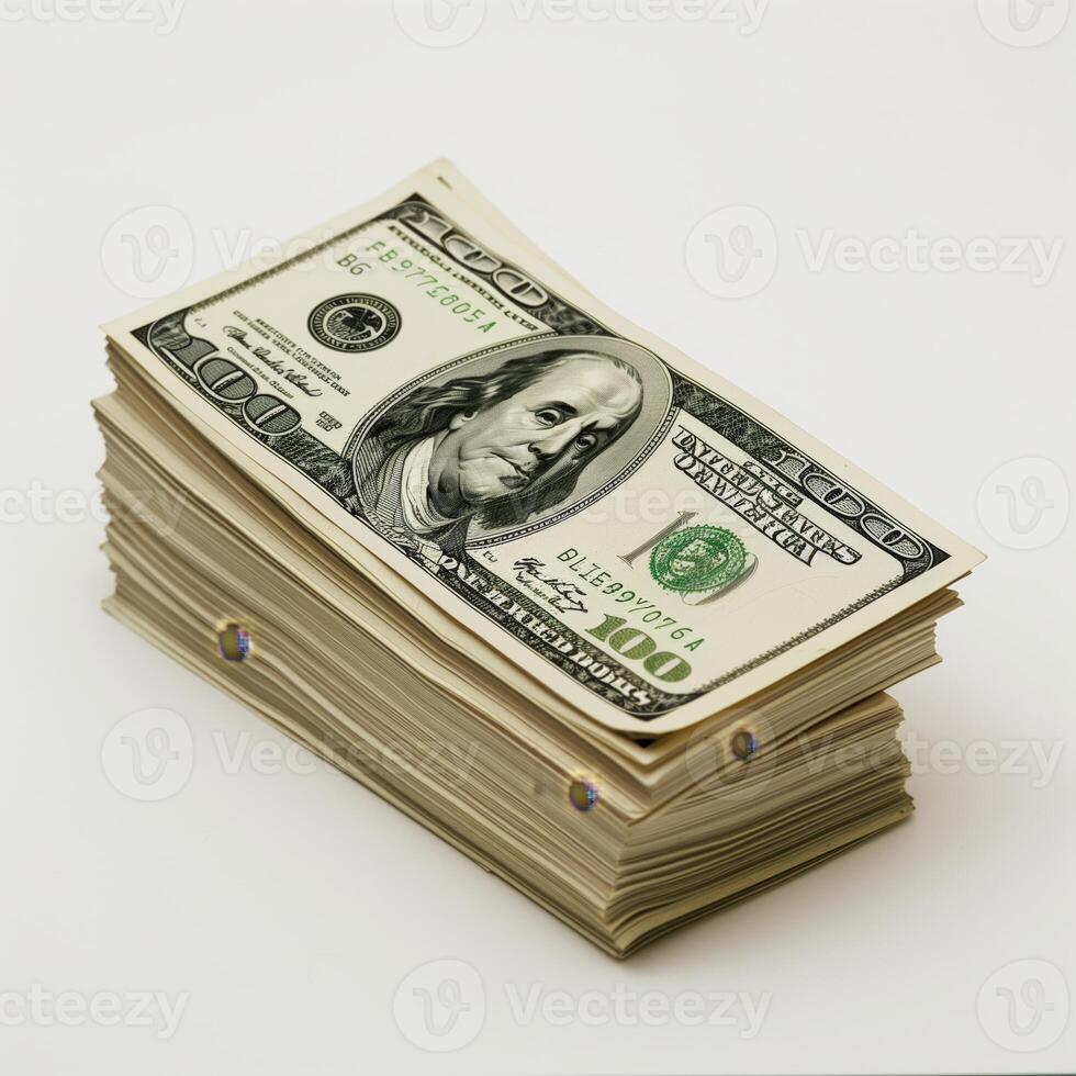 AI generated A photograph of money bill stack, isolated on a white background. Finance, cash, money. Generated by artificial intelligence. photo
