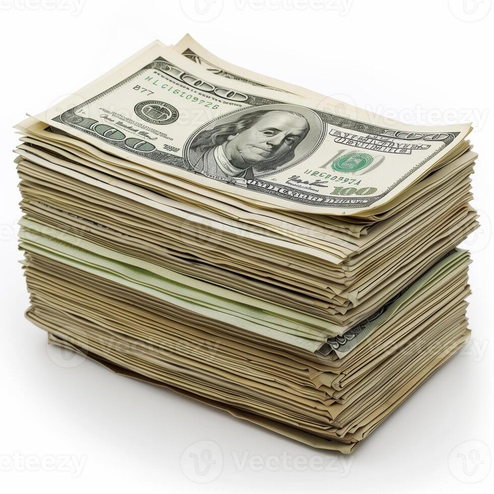 AI generated A photograph of money bill stack, isolated on a white background. Finance, cash, money. Generated by artificial intelligence. photo