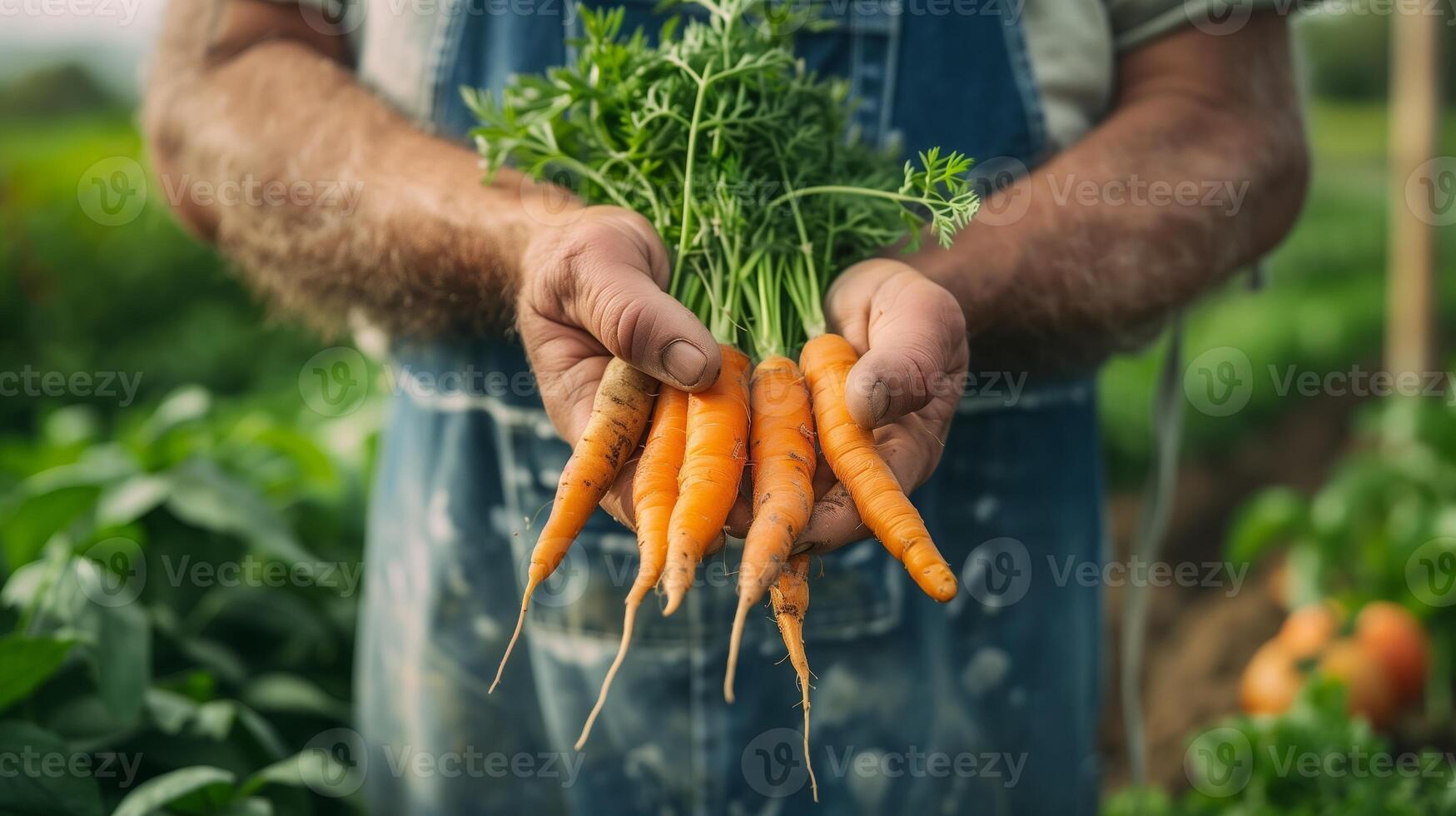 AI generated Closeup of hands holding fresh carrots, with the background showing an organic farm setting. Generated by artificial intelligence. photo