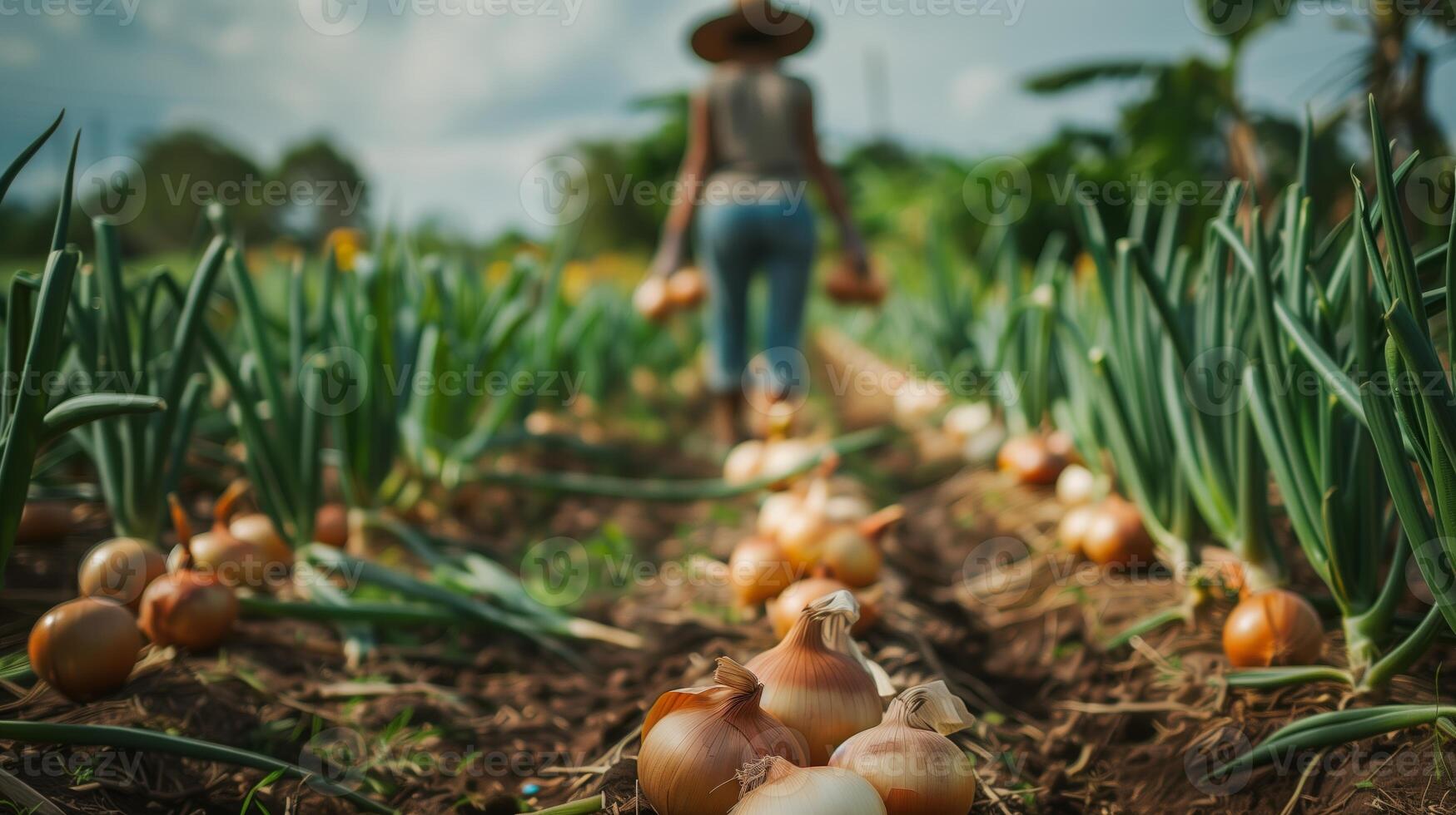 AI generated A young farmer farming onions. Field landscape from the back. Generated by artificial intelligence. photo