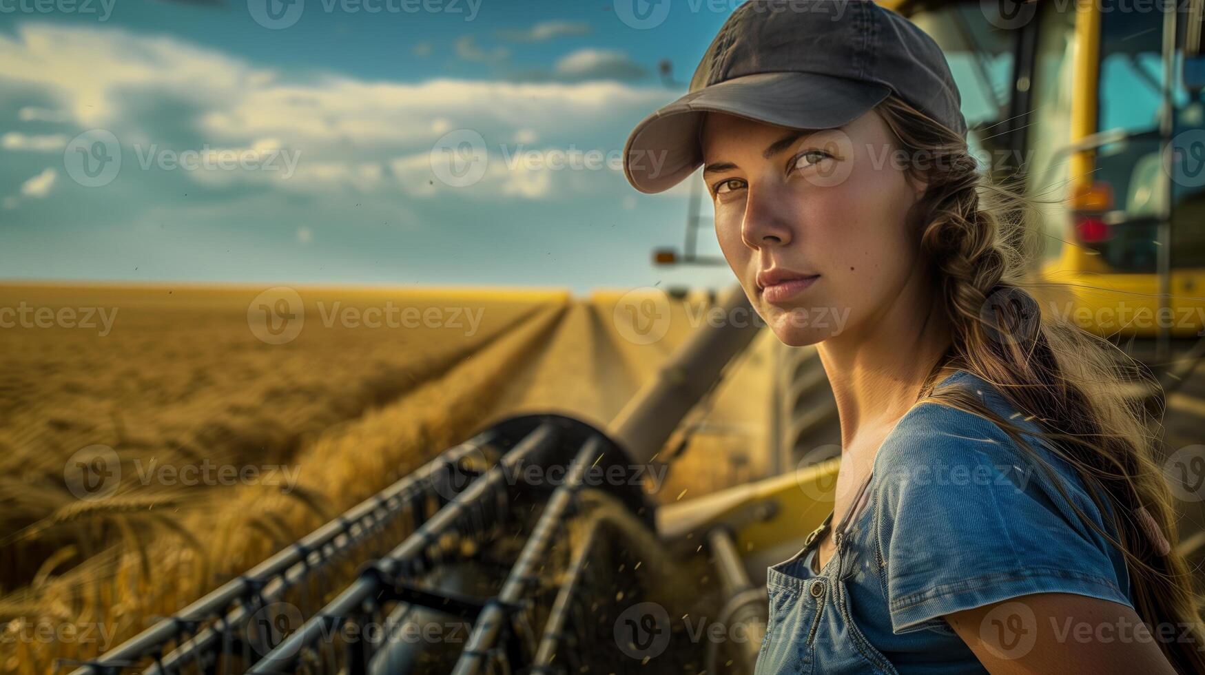 AI generated A beautiful woman farmer in front of a combine harvester in a golden wheat field, wearing a baseball cap and overalls in the golden hour lighting. Generated by artificial intelligence. photo