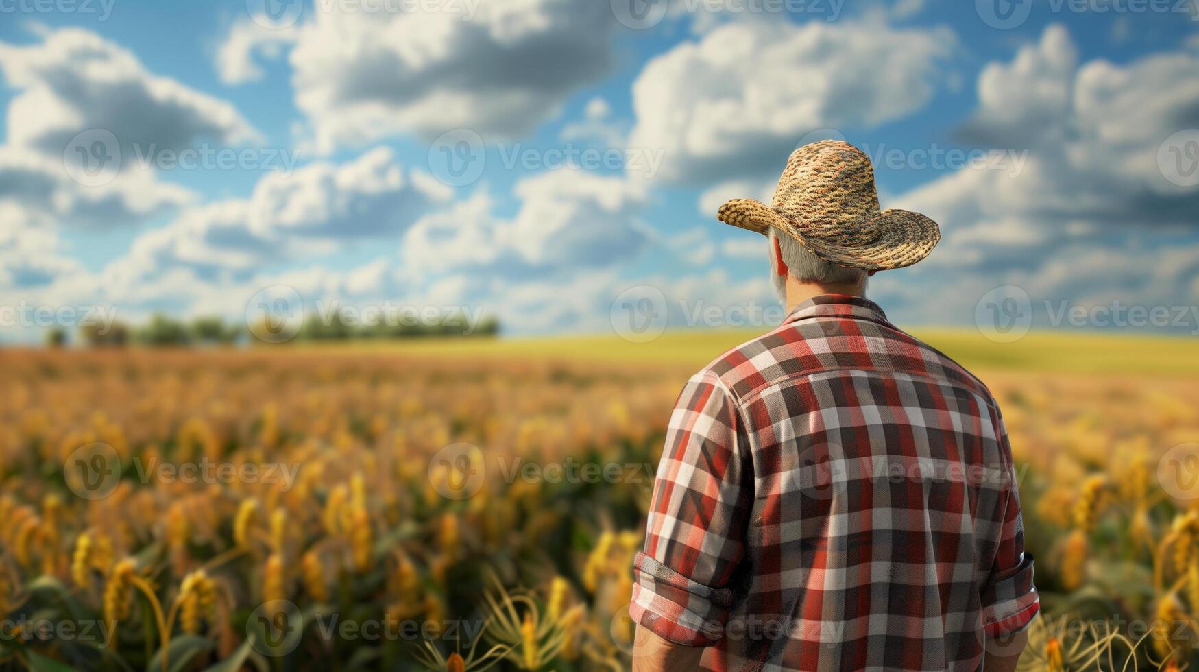 AI generated A farmer looking towards the crops. Field landscape from the back. Generated by artificial intelligence. photo