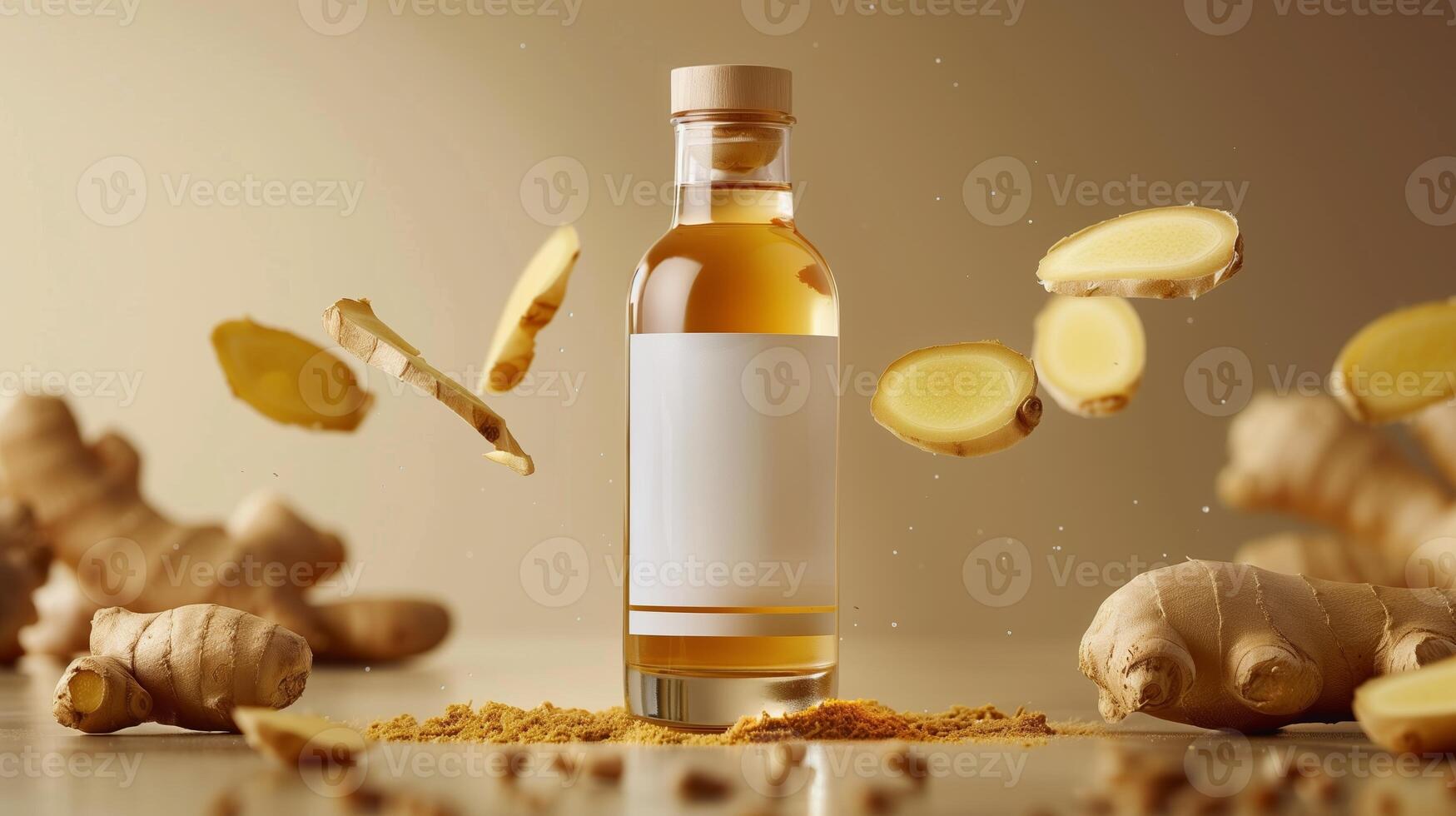 The transparent beverage bottl with ginger around the it, slice of ginger levitating around the bottle ground. Generated by artificial intelligence. photo