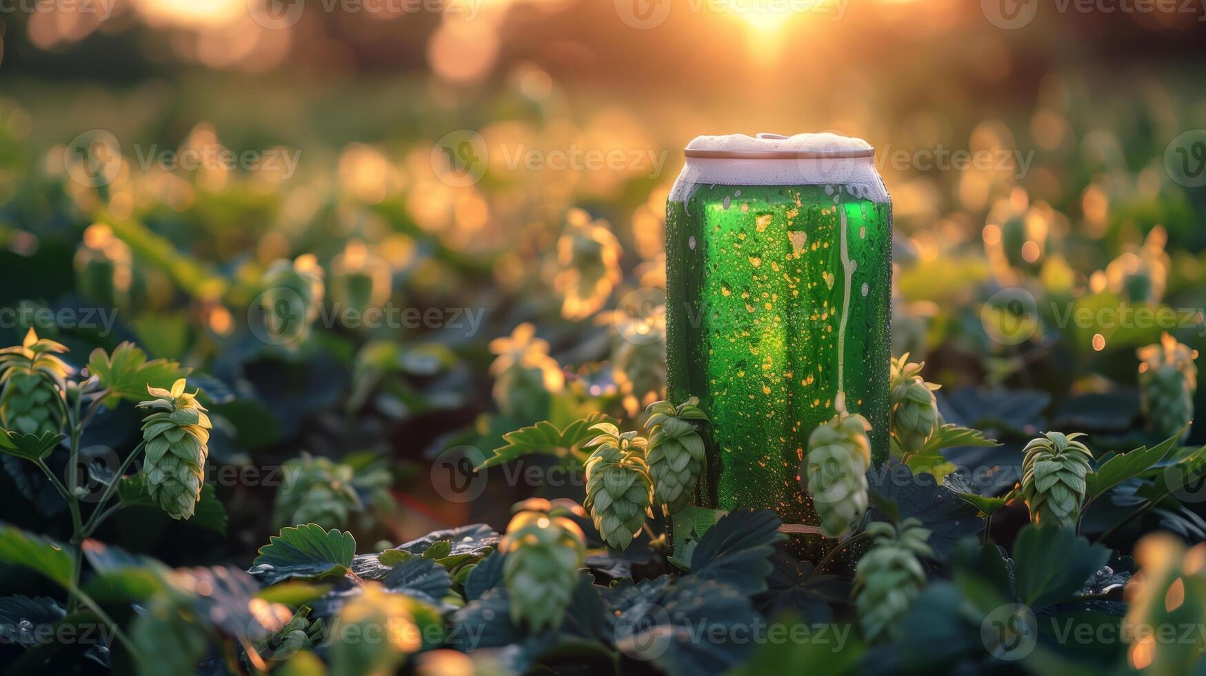 A green can of beer in a hop field, low angle view. Generated by artificial intelligence. photo