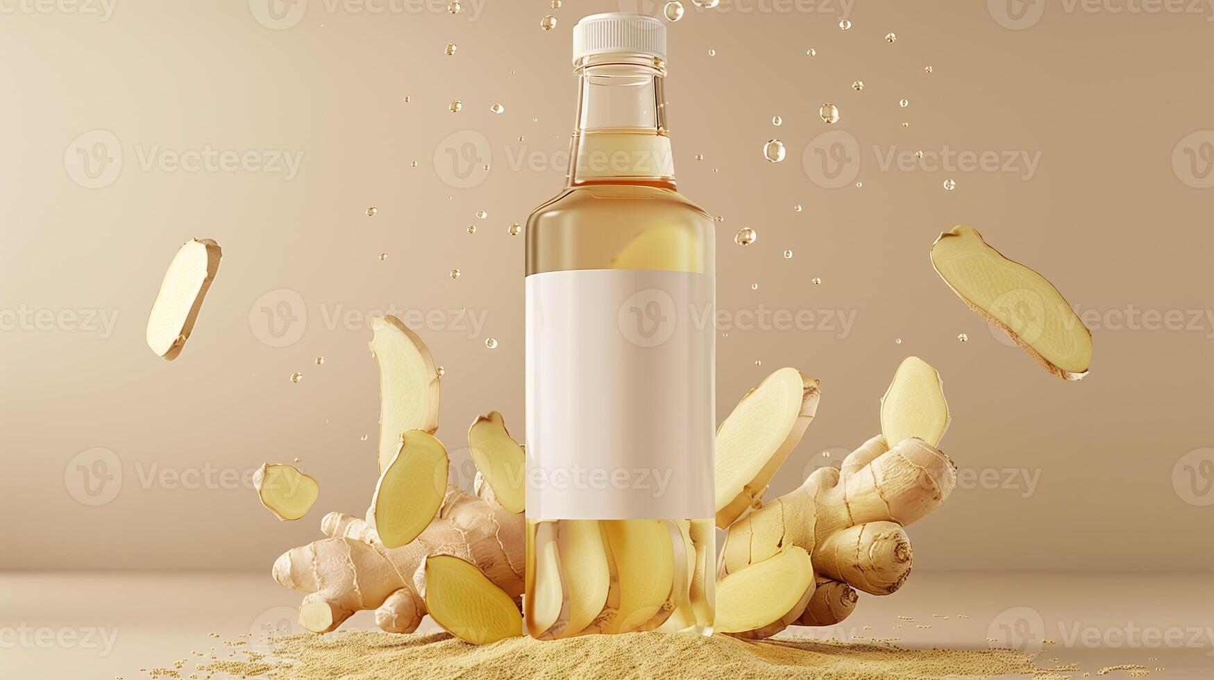 The transparent beverage bottl with ginger around the it, slice of ginger levitating around the bottle ground. Generated by artificial intelligence. photo