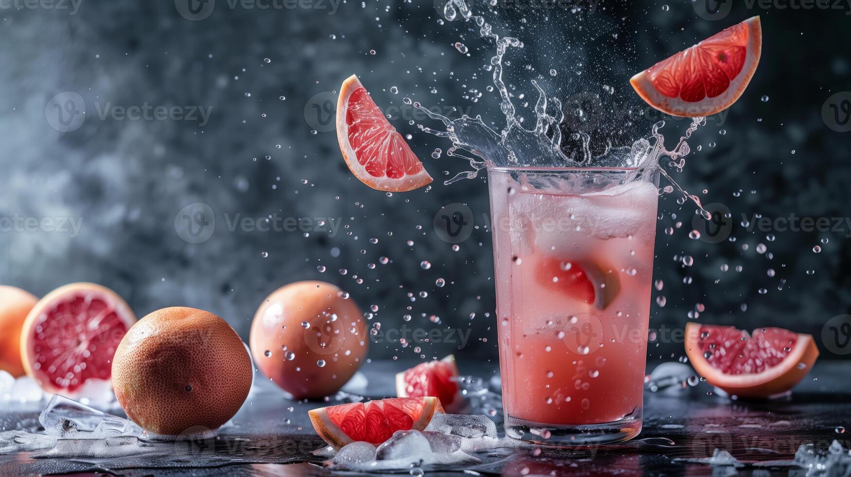 Vertical glass with pink grapefruit juise. Flying grapefruit, food photography, dark background. Generated by artificial intelligence. photo