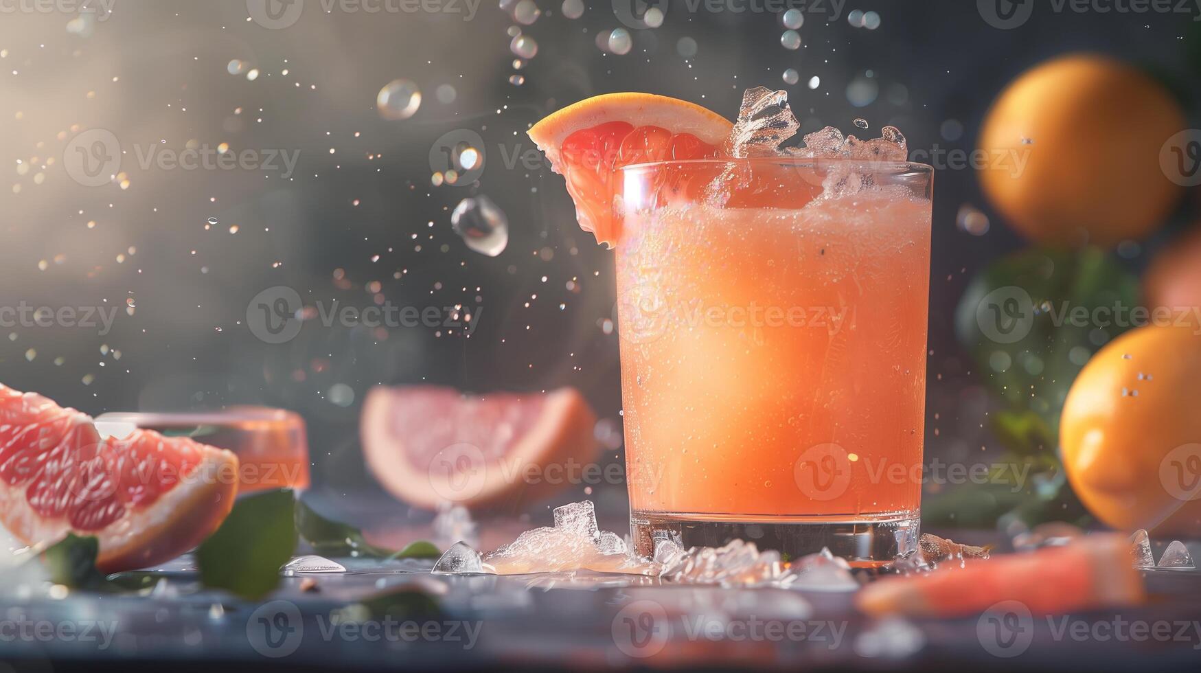 Vertical glass with pink grapefruit juise. Flying grapefruit, food photography, dark background. Generated by artificial intelligence. photo