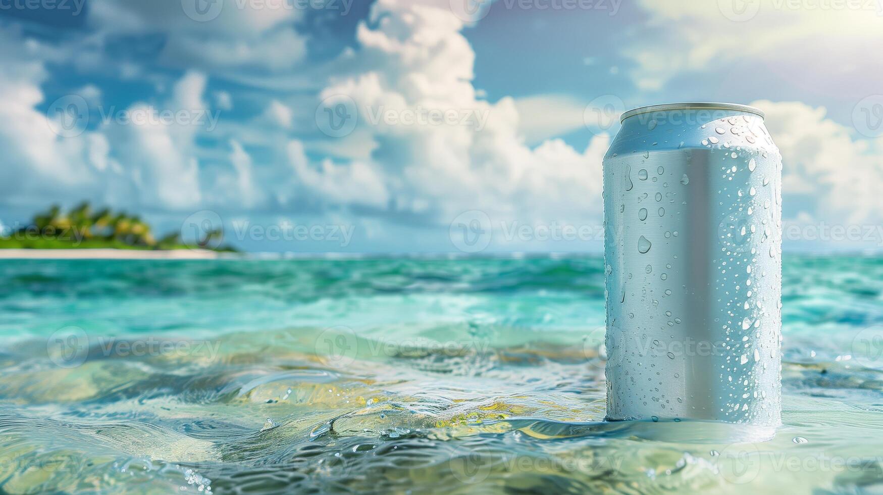 The plain soft-drink can 330ml, floating in the ocean with tropical islands in background. Generated by artificial intelligence. photo