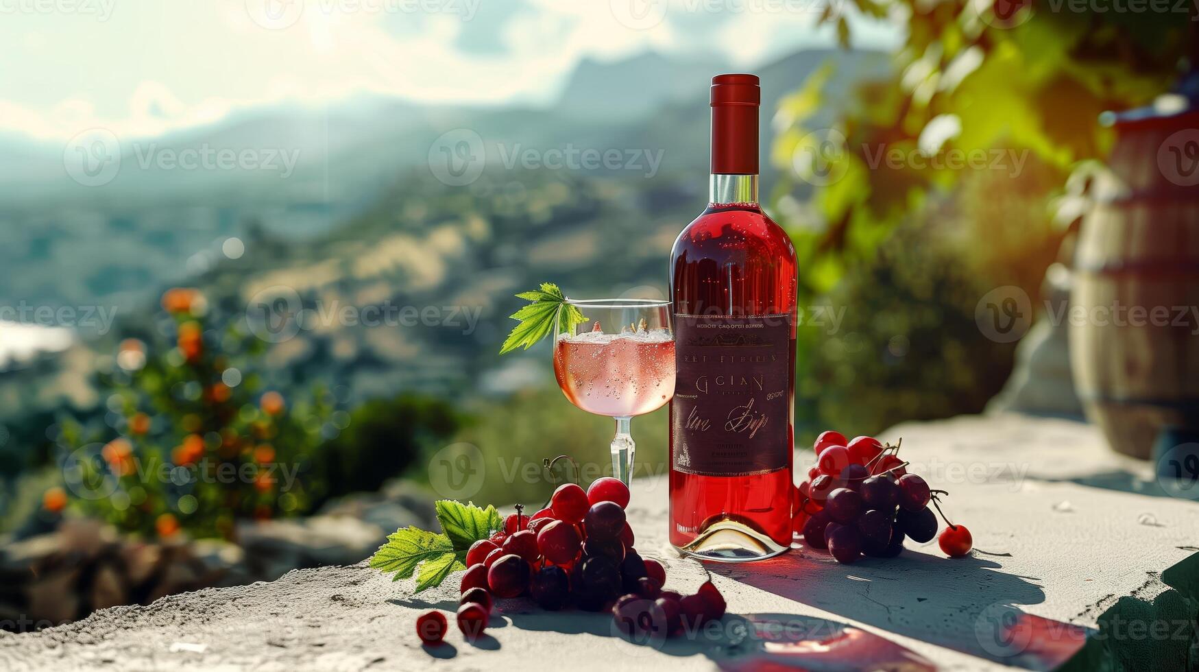 A bottle filled with red wine and the glass by side placed on a nice concrete, some chopped tropical fruits. Beautiful mountains in the scenery. Generated by artificial intelligence. photo