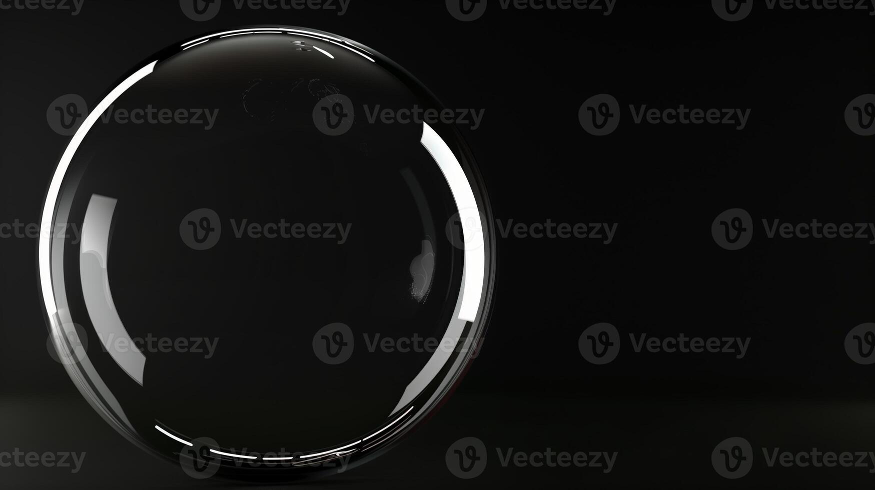 A sphere made of glass, clear and transparent, front view, black background, glass bubble. Generated by artificial intelligence. photo