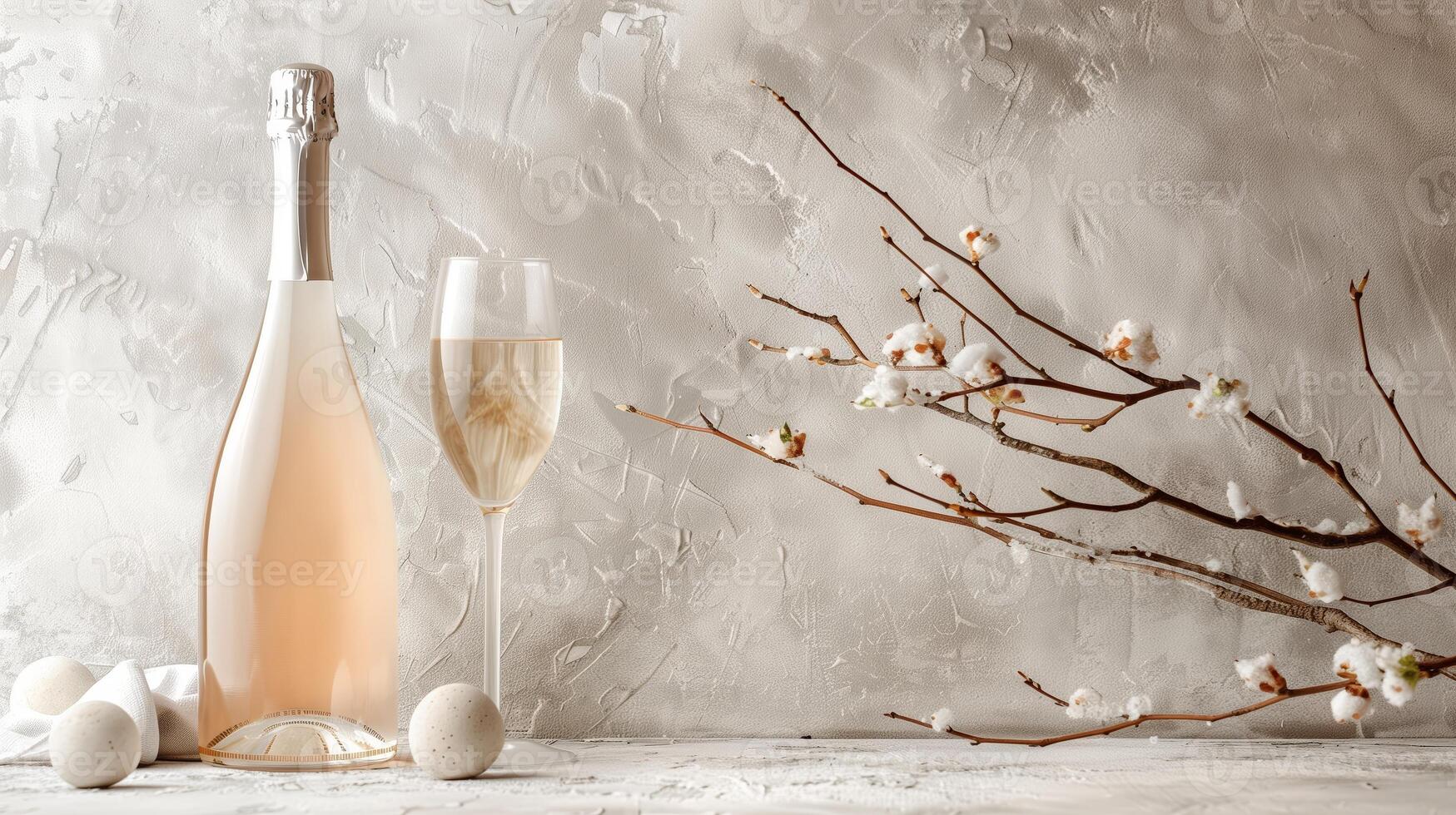 Product photography of a sparkling wine bottle and glass, with a minimalist setting featuring a single driftwood branch as a prop. Generated by artificial intelligence. photo